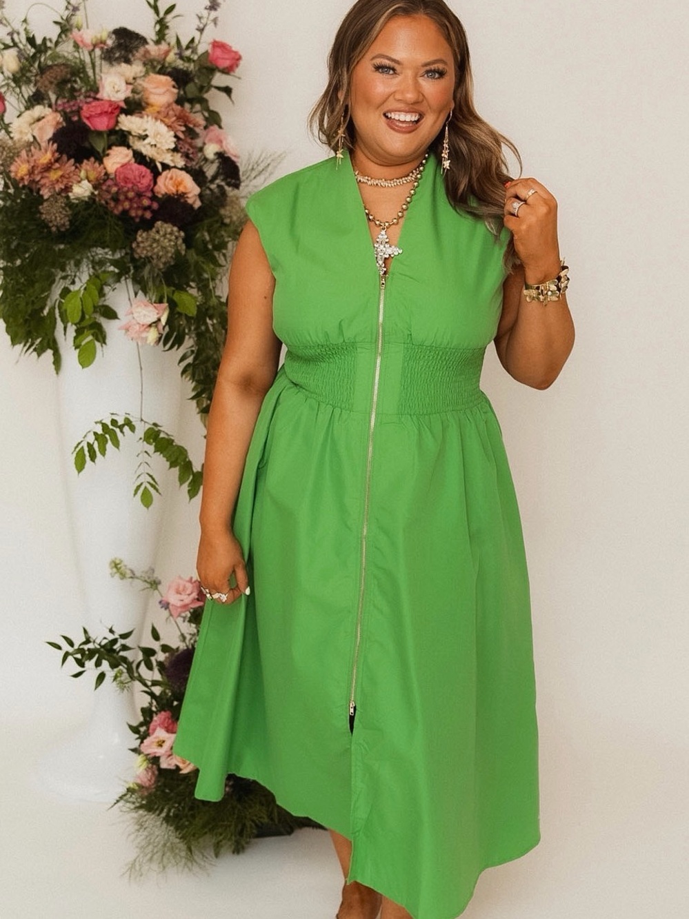 entro Bright Green Zip-Front Midi Dress